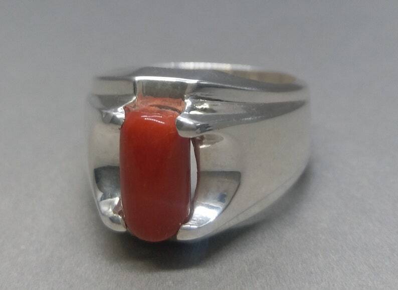 Natural Unheated Untreated Deep Red Coral Mens Ring Sterling Silver 925 Ring - Heavenly Gems