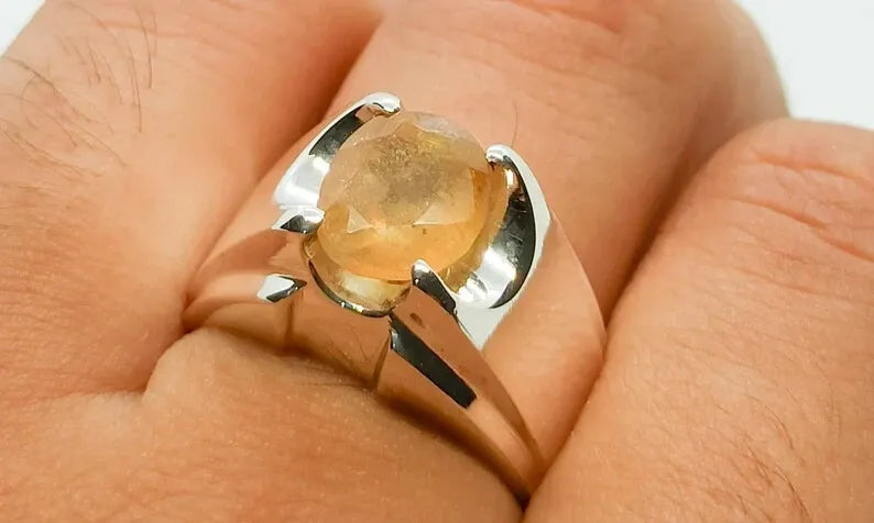 Natural Yellow Sapphire Men's Ring - Sterling Silver 925 Handmade Pukhraj Ring - Heavenly Gems