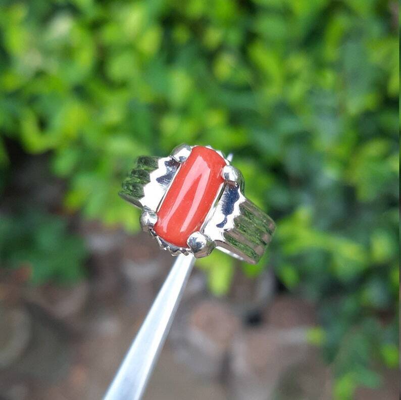 Red Coral Ring Men Natural Marjan Stone Ring in 925 Silver Coral Gemstone Ring - Heavenly Gems