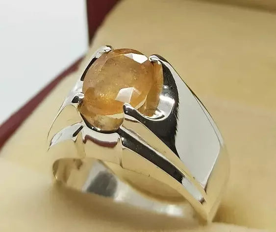 Natural Yellow Sapphire Men's Ring - Sterling Silver 925 Handmade Pukhraj Ring - Heavenly Gems