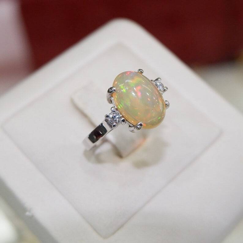 Christmas Natural Opal ring 18kt white gold ring , engagement ring, Diamond ring - Heavenly Gems
