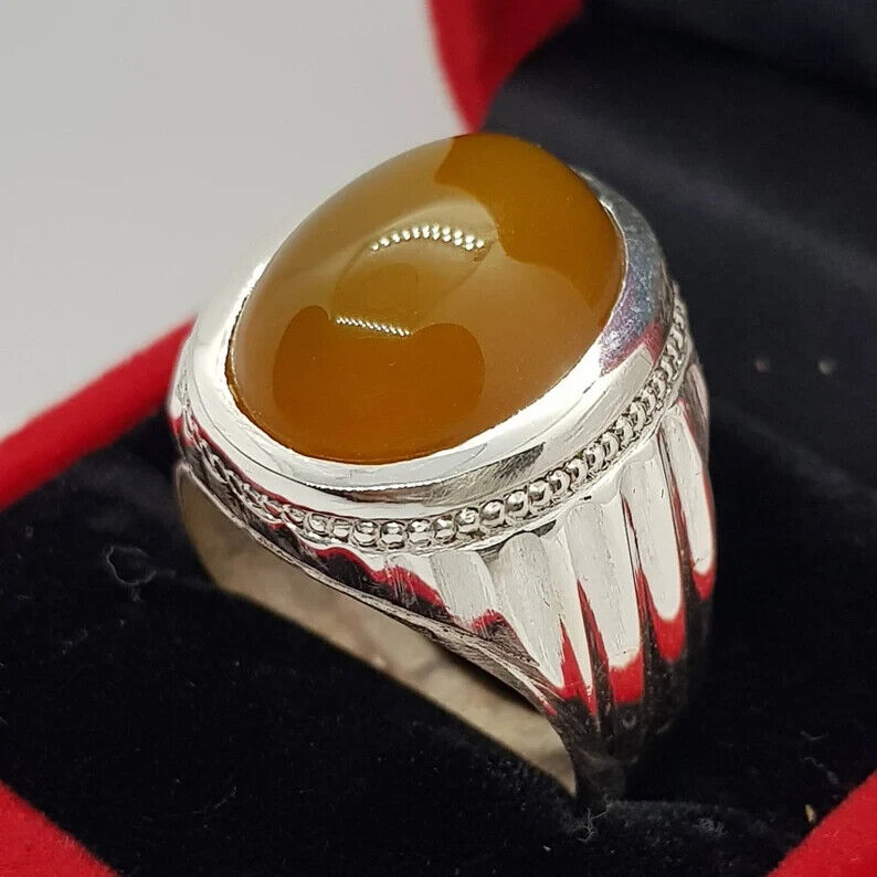 Zard aqeeq Oval Cut ring Yemeni Agate stone, Yellow aqeeq mens ring, Old Deep yellow ring 925 Sterling Silver - Heavenly Gems