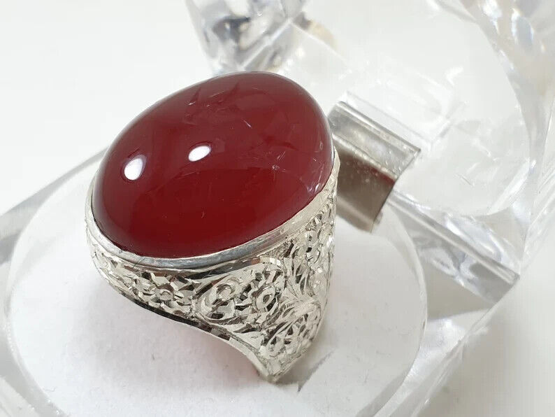 Mens Yemeni Aqeeq Oval Cut Ring Deep Blood Red Yamni Agate Ring For Men Natural Agate man 925 Sterling Silver - Heavenly Gems