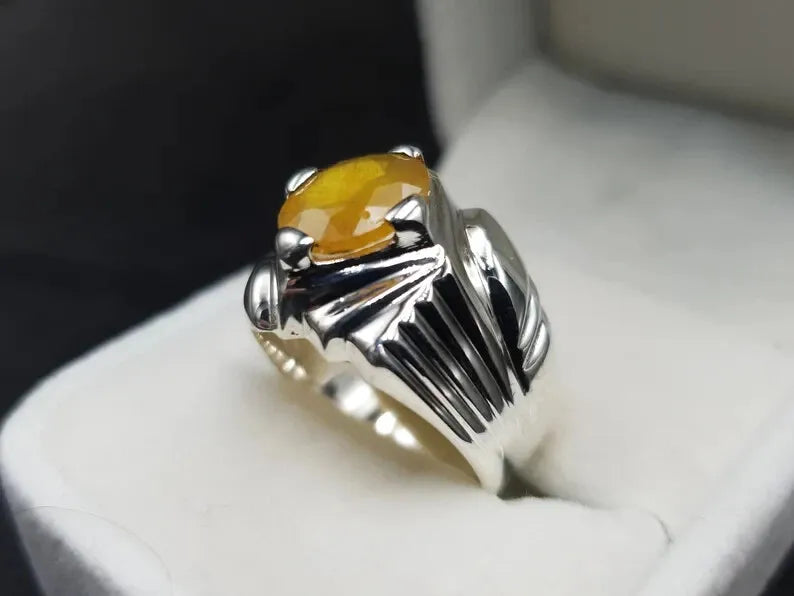 Mens Yellow Sapphire Ring - Pukhraj Ring For Men - Natural Yellow Sapphire Handmade - Heavenly Gems
