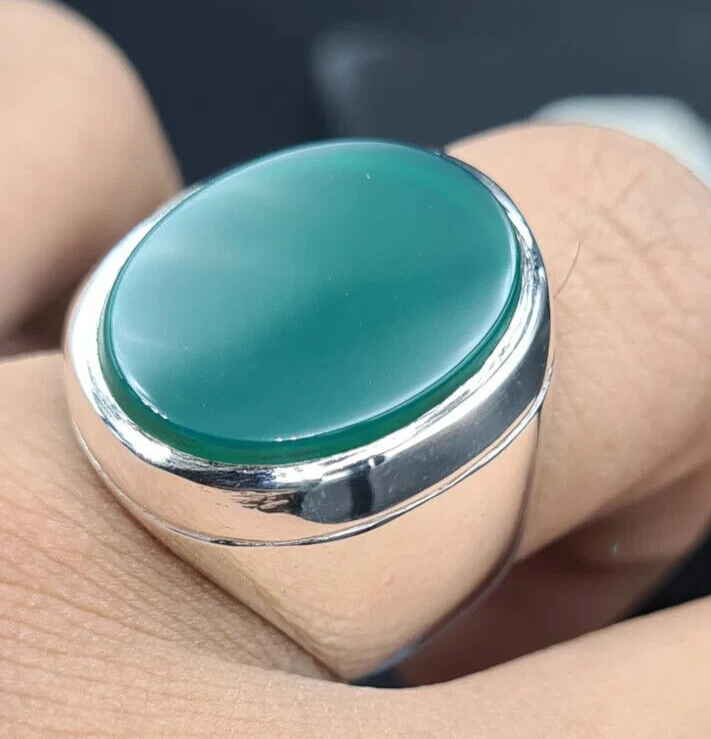 Unheated Green Yemeni aqeeq ring for men - Natural Yamani hakik rings Real agate Sterling Silver 925 - Heavenly Gems