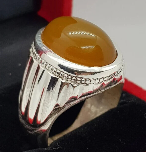 Zard aqeeq Oval Cut ring Yemeni Agate stone, Yellow aqeeq mens ring, Old Deep yellow ring 925 Sterling Silver - Heavenly Gems