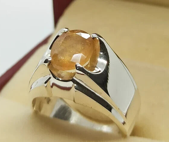 Natural Yellow Sapphire Mens Ring Sterling Silver 925 Handmade Pukhraj Ring gift - Heavenly Gems