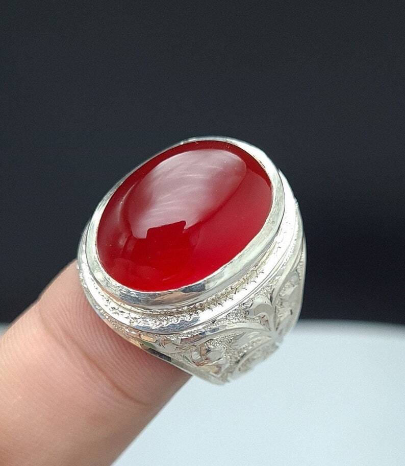 Mens Deep Blood Red Shifat al Abad Yemeni Aqeeq Ring Aqeeq agate Ring Akik Ring 925 Sterling Silver - Heavenly Gems