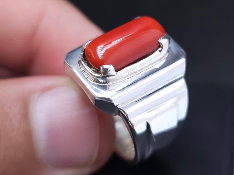 Natural Coral Ring Deep Red Coral Mens Heavy Ring Sterling Silver 925 Marjan - Heavenly Gems