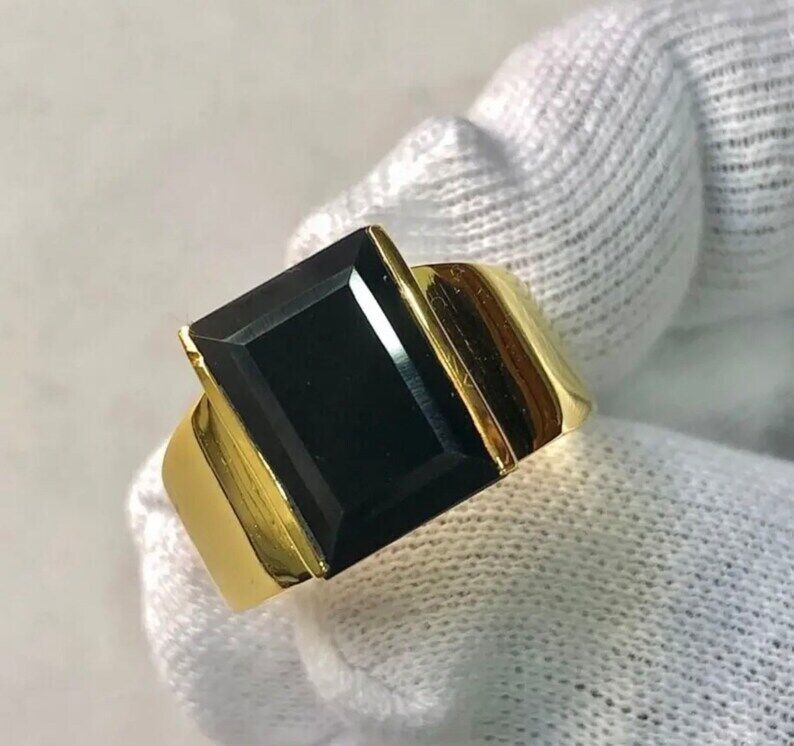 Yemeni Aqeeq Ring For Men, 14k yellow Gold Agate Ring, Natural Black Aqeeq Ring - Heavenly Gems