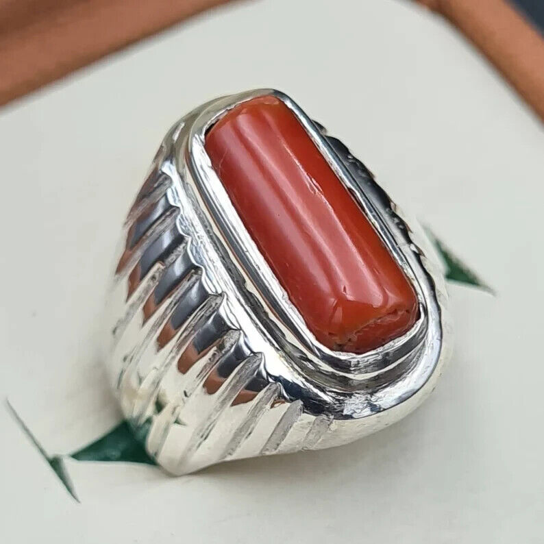 Untreated Real Coral ring Mens Coral Ring Marjan rings Top reddish Orange coral - Heavenly Gems