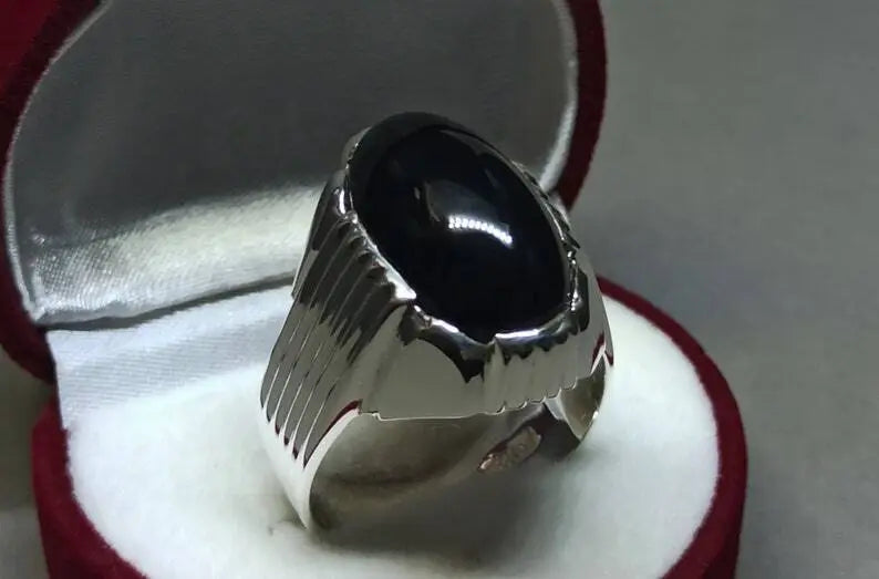 Men's Natural Unheated Untreated Black Onyx Ring - Sterling Silver 925 Agate Gemstone - Heavenly Gems