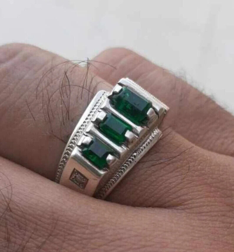 Natural Emerald Ring For Men 925 Sterling Silver Mens Emerald Handmade Ring mens - Heavenly Gems