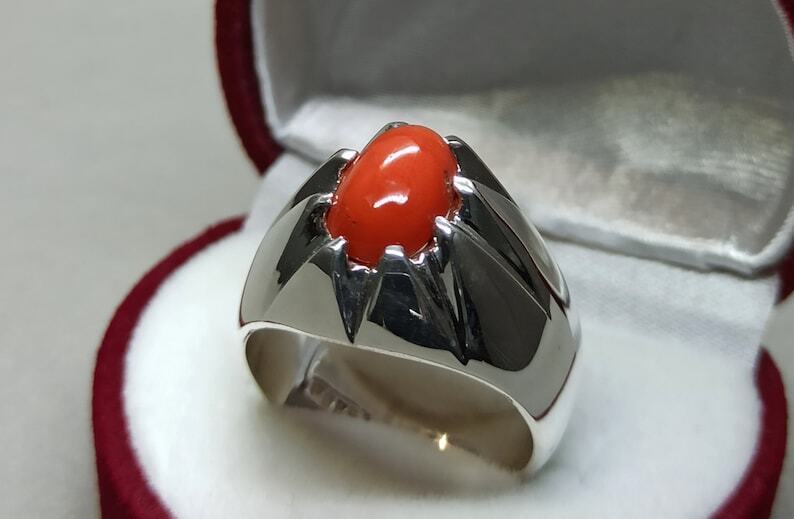 Natural Deep Red Australian Coral Mens Ring Sterling Silver 925 Dark Red marjan - Heavenly Gems