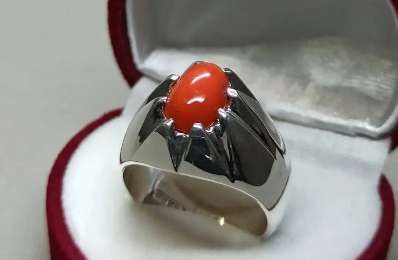 Natural Deep Red Australian Coral Mens Ring Sterling Silver 925 Dark Red marjan - Heavenly Gems