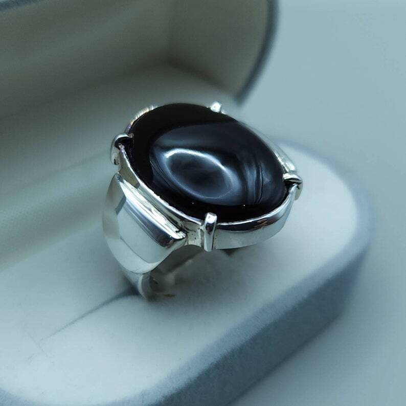 Real Yemeni Aqeeq Ring Kabadi Black Dark Deep Blood Red Aqeeq Ring Akik Ring men Sterling Silver 925 (Premium Quality) - Heavenly Gems