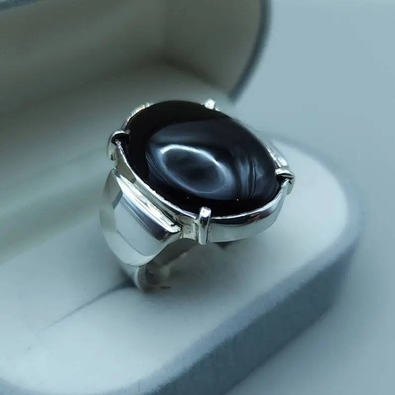 Real Yemeni Aqeeq Ring Kabadi Black Dark Deep Blood Red Aqeeq Ring Akik Ring men Sterling Silver 925 (Premium Quality) - Heavenly Gems