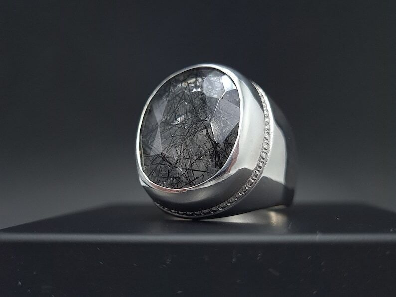 Natural Muh e Najaf Mens Sterling Silver 925 Handmade Ring Rutilated Quartz Ring - Heavenly Gems