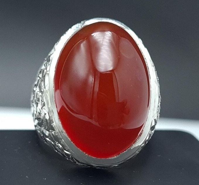 Mens Yemeni Aqeeq Ring Deep Blood Red Yamni Oval Cut Agate Ring For Men Natural Agate 925 Sterling Silver - Heavenly Gems