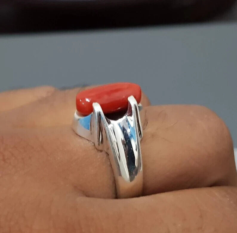 Natural Dark Deep Red Coral Marjan Ring Mens Coral Rings Women Coral Rings gift - Heavenly Gems