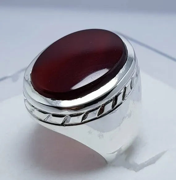 Handcrafted Yemeni Aqeeq Ring - Sterling Silver Agate Bague for Men - Heavenly Gems