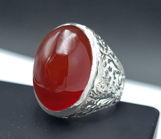 Mens Yemeni Aqeeq Ring Deep Blood Red Yamni Oval Cut Agate Ring For Men Natural Agate 925 Sterling Silver - Heavenly Gems