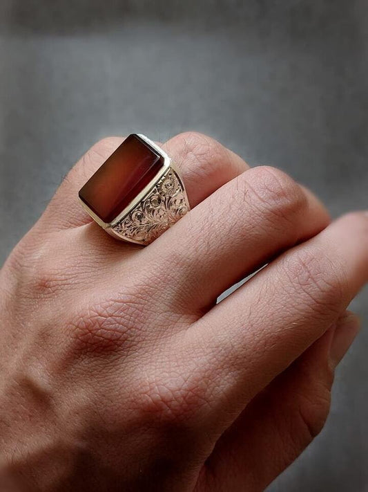Natural Mens Red Yemen Agate Rectangular Cut Ring Red Carnelian Ring For Men Silver 925 Handmade - Heavenly Gems