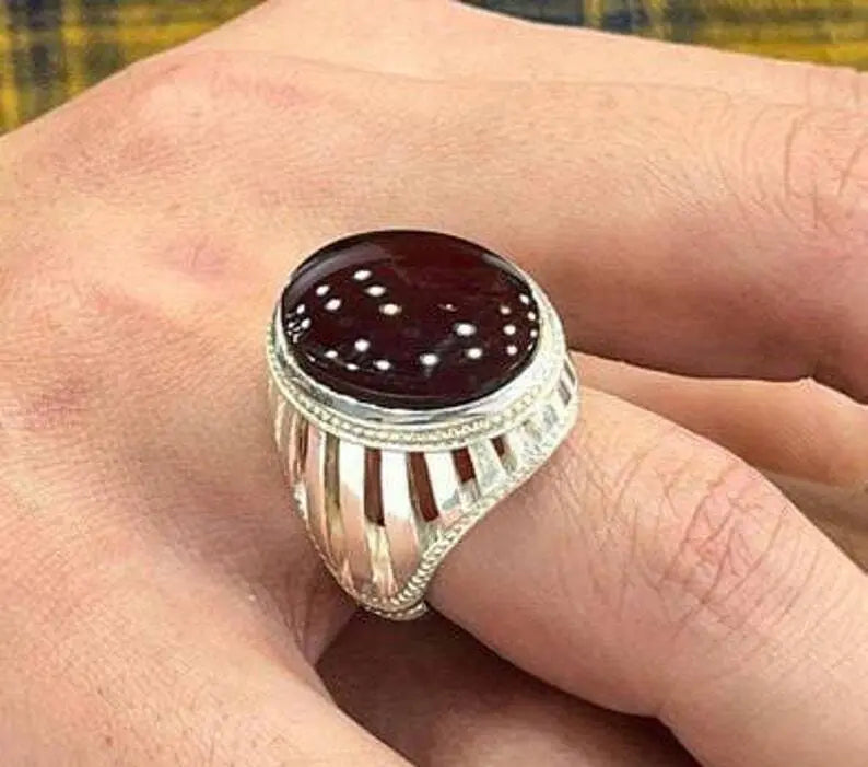 Natural Yemeni Aqeeq Oval Cut Ring Blood Red Yameni Agate Ring Sterling Silver 925 for man and women - Heavenly Gems