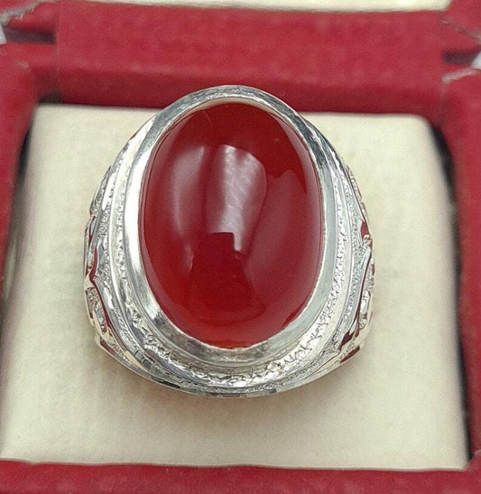 Mens Deep Blood Red Shifat al Abad Yemeni Aqeeq Ring Aqeeq agate Ring Akik Ring 925 Sterling Silver - Heavenly Gems