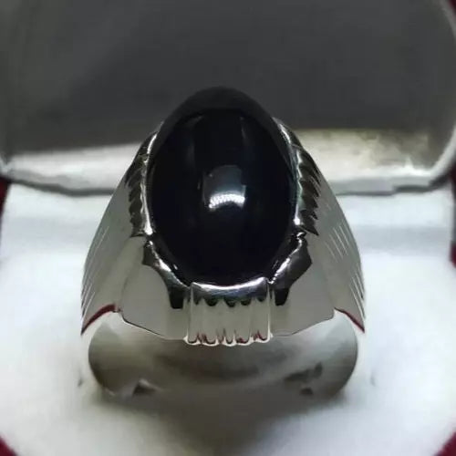 Men's Natural Unheated Untreated Black Onyx Ring - Sterling Silver 925 Agate Gemstone - Heavenly Gems