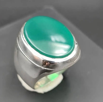 Unheated Green Yemeni aqeeq ring for men - Natural Yamani hakik rings Real agate Sterling Silver 925 - Heavenly Gems