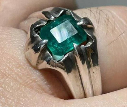 Natural Vivid Green Emerald Mens Ring Sterling Silver 925 Ring Handmade Emerald - Heavenly Gems