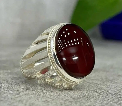 Natural Yemeni Aqeeq Oval Cut Ring Blood Red Yameni Agate Ring Sterling Silver 925 for man and women - Heavenly Gems