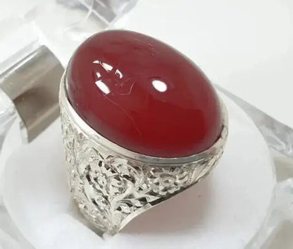 Men's Deep Blood Red Yemeni Aqeeq Ring - Natural Agate Gemstone Jewelry - Heavenly Gems