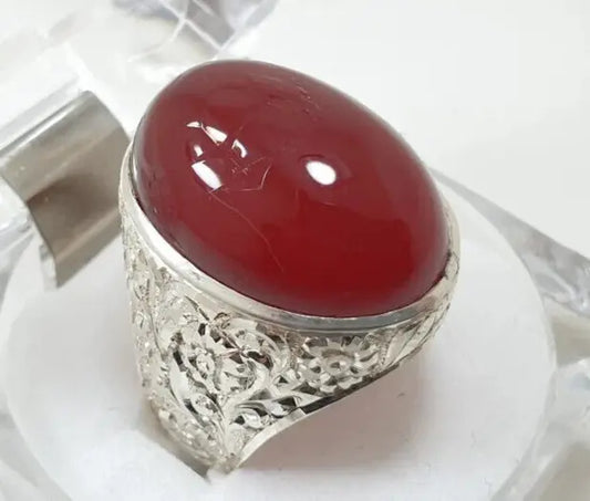 Men's Deep Blood Red Yemeni Aqeeq Ring - Natural Agate Gemstone Jewelry