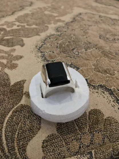 Original Black Aqeeq Akik Haqeeq Stone ring In Emerald Cut Square Design ring - Heavenly Gems
