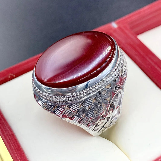 Blood Red Aqeeq Ring - Sterling Silver Natural Men's Agate Ring - Heavenly Gems