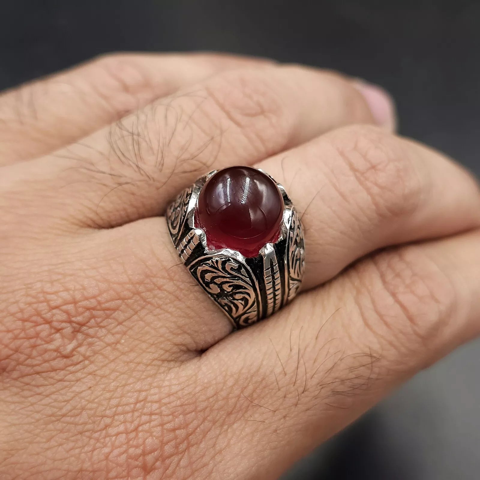 Blood Red Aqeeq Ring - Sterling Silver Natural Men's Agate Ring - Heavenly Gems