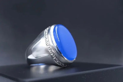 Rare Blue Aqeeq Ring Agate Akik Aqiq Flat Blue Agate Men Ring, Silver Handmade - Heavenly Gems