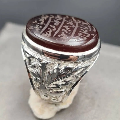 Naad-e-Ali Written Yemeni aqeeq ring | Mens Agate ring | Real yamani aqeeq rings Silver 925 - Heavenly Gems