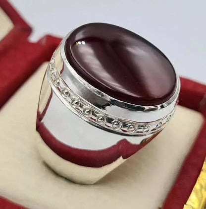 Handcrafted Blood Red Yemeni Aqeeq Ring - Natural Agate Aqiq Gemstone Jewelry for Men - Heavenly Gems