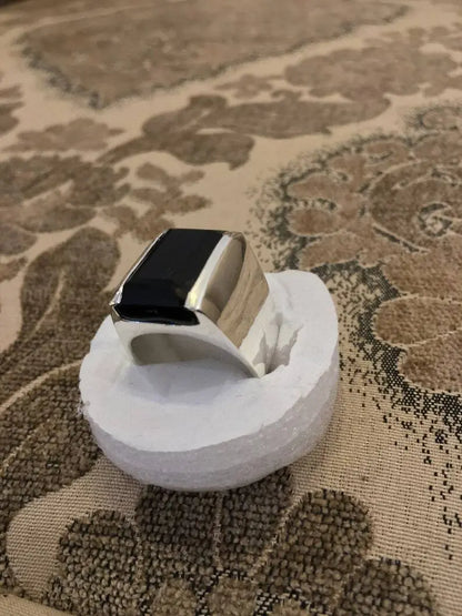 Original Black Aqeeq Akik Haqeeq Stone ring In Emerald Cut Square Design ring - Heavenly Gems