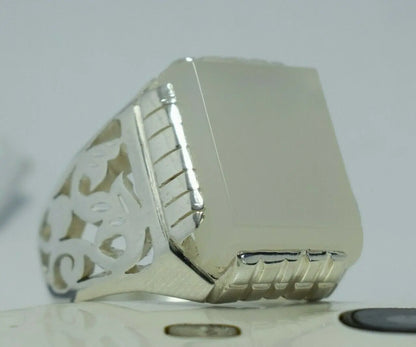 Yemeni Aqeeq Ring Deep White Agate Bague Mens Sterling Silver Handmade Rings925 - Heavenly Gems