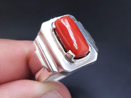 Natural Coral Ring Deep Red Coral Mens Heavy Ring Sterling Silver 925 Marjan - Heavenly Gems
