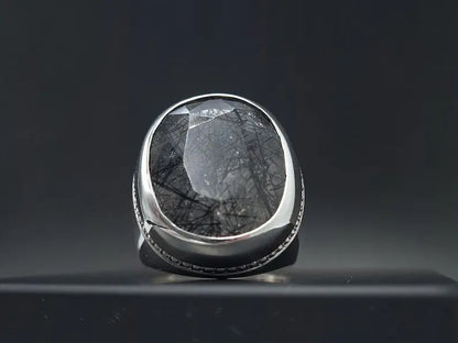 Natural Muh e Najaf Mens Sterling Silver 925 Handmade Ring Rutilated Quartz Ring - Heavenly Gems