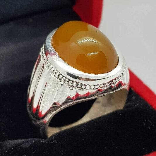 Zard aqeeq Oval Cut ring Yemeni Agate stone, Yellow aqeeq mens ring, Old Deep yellow ring 925 Sterling Silver - Heavenly Gems