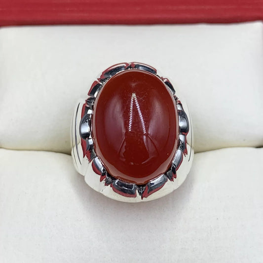 Blood Red Aqeeq Ring - Sterling Silver Natural Mens Agate Ring - Heavenly Gems