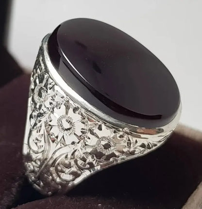 Yemeni Aqeeq Ring Shefat Al Abad Al Habshi Black Aqeeq Yemeni Kabadi Aqeeq Agate 925 Sterling Silver - Heavenly Gems