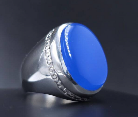 Rare Blue Aqeeq Ring Agate Akik Aqiq Flat Blue Agate Men Ring, Silver Handmade - Heavenly Gems