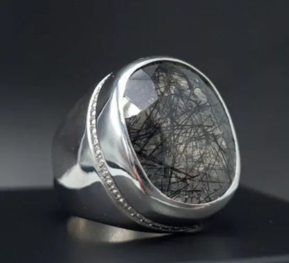 Natural Muh e Najaf Mens Sterling Silver 925 Handmade Ring Rutilated Quartz Ring - Heavenly Gems